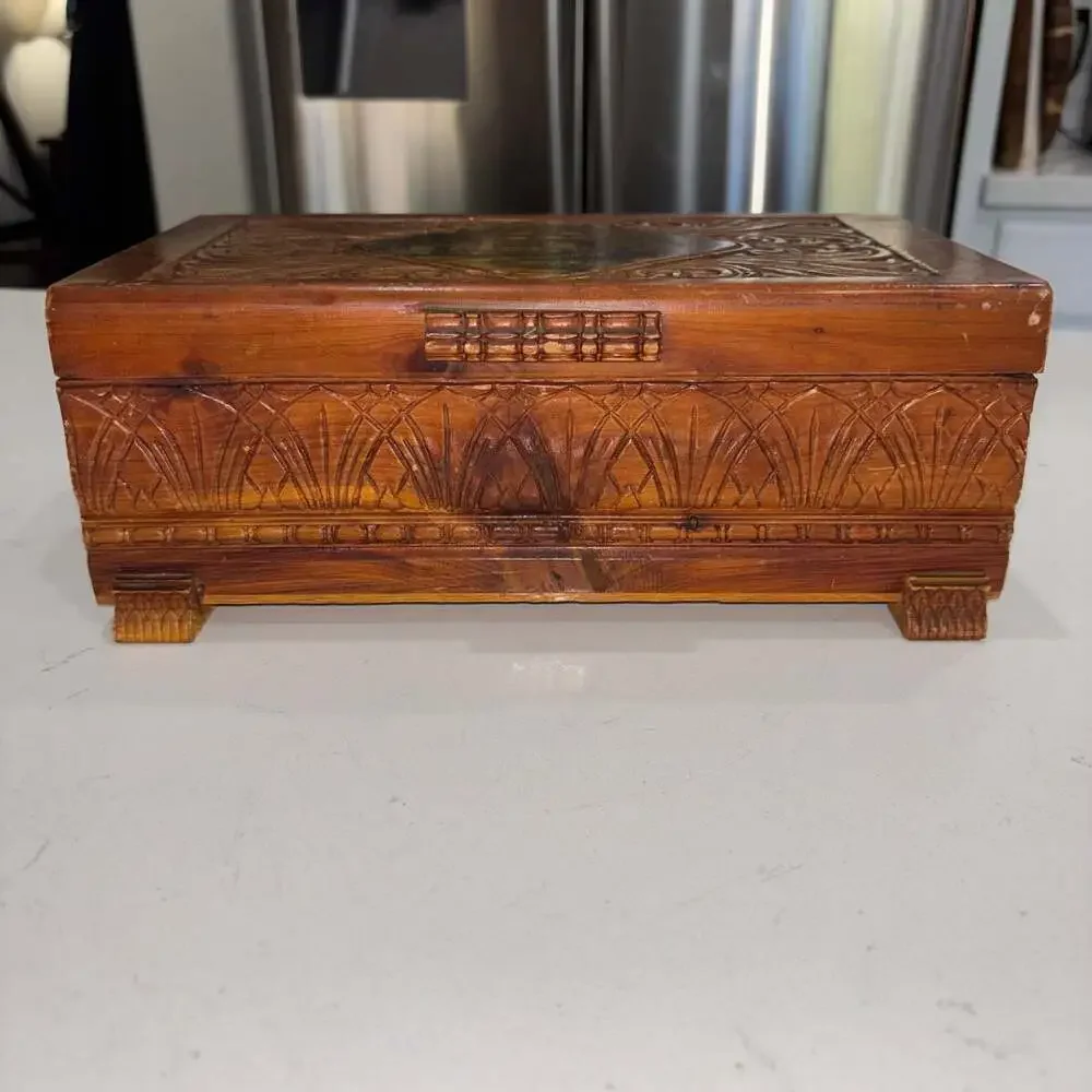 Vintage Hand-Carved Cedar Wood Jewelry Trinket Box with Cottage Farm Scene Inlay